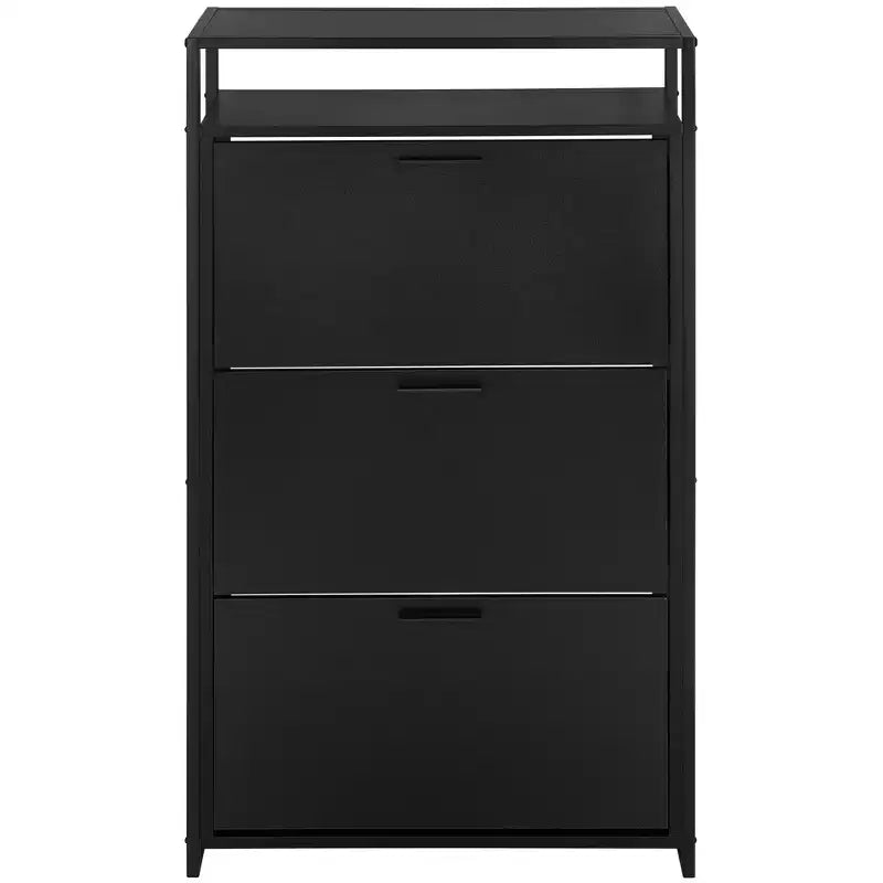 eHemco 3-Door Shoe Cabinet with Shelf, Modern Storage Organizer, Black Metal Frame, 3 Flip Drawers
