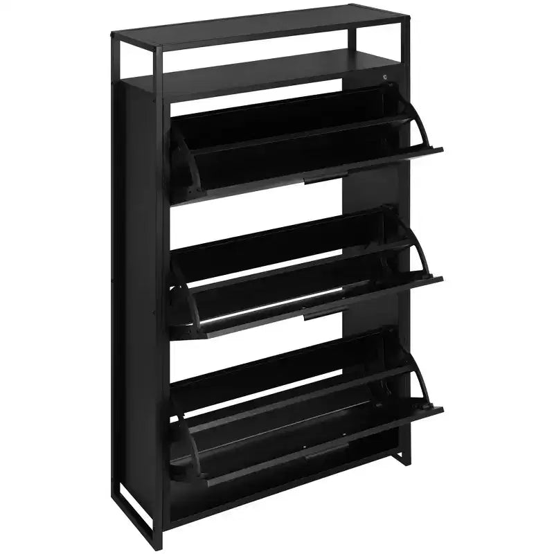 eHemco 3-Door Shoe Cabinet with Shelf, Modern Storage Organizer, Black Metal Frame, 3 Flip Drawers