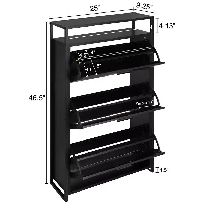 eHemco 3-Door Shoe Cabinet with Shelf, Modern Storage Organizer, Black Metal Frame, 3 Flip Drawers
