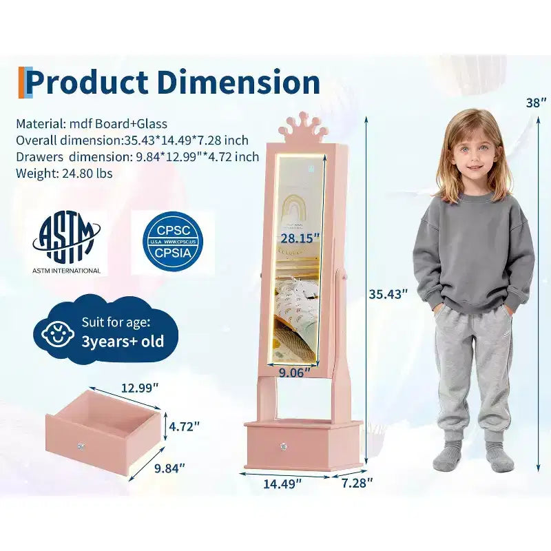 46 Mobile Portagioie per Bambini con Specchio a Figura Intera, Cassetti Portaoggetti e Armadietto Portagioie per Compleanni di Bambini