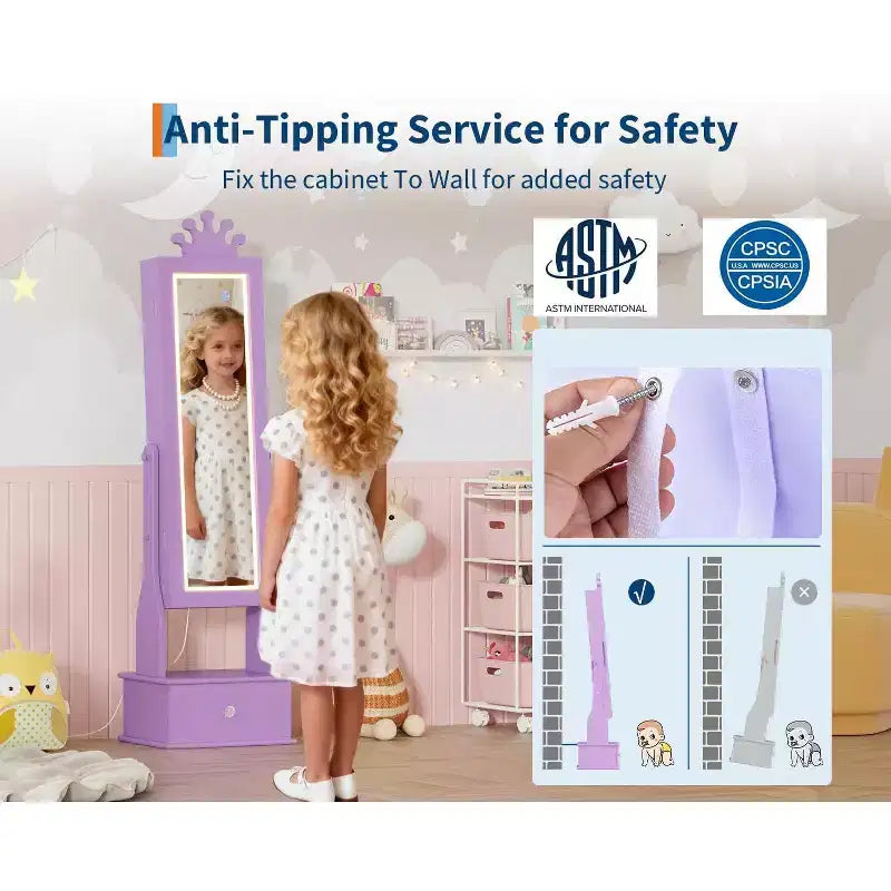 46 Mobile Portagioie per Bambini con Specchio a Figura Intera, Cassetti Portaoggetti e Armadietto Portagioie per Compleanni di Bambini