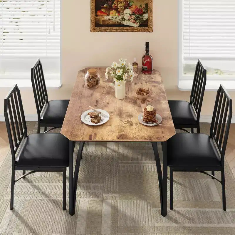 Dining Table, Industrial Modern Wood Farmhouse Square Kitchen Table with Upholstered Chairs, Dining Room Furniture