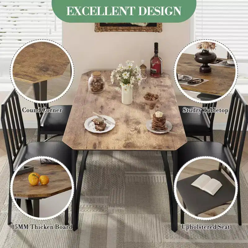 Dining Table, Industrial Modern Wood Farmhouse Square Kitchen Table with Upholstered Chairs, Dining Room Furniture