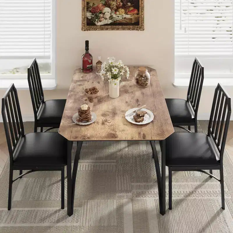 Dining Table, Industrial Modern Wood Farmhouse Square Kitchen Table with Upholstered Chairs, Dining Room Furniture