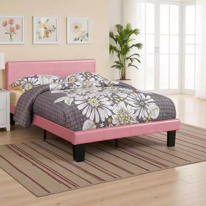Royal Hampton Wooden Full Bed with Faux Leather Upholstery, Pink