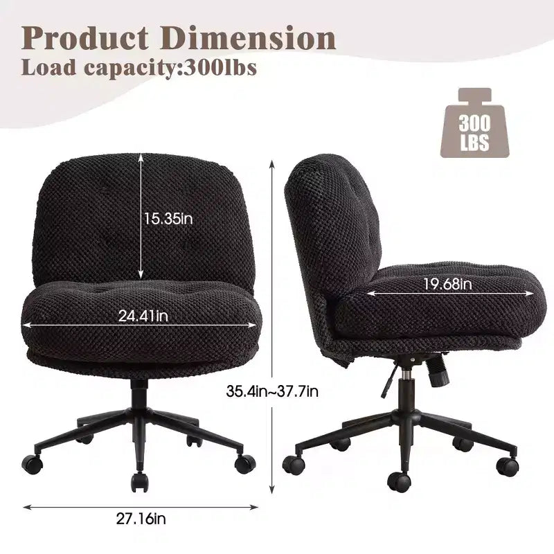 Cross-Leg Chair on Wheels: Wider Thick Seat, Swivel Ergonomic Desk/Vanity, Black