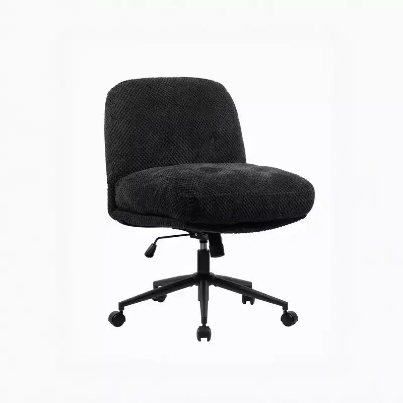 Cross-Leg Chair on Wheels: Wider Thick Seat, Swivel Ergonomic Desk/Vanity, Black