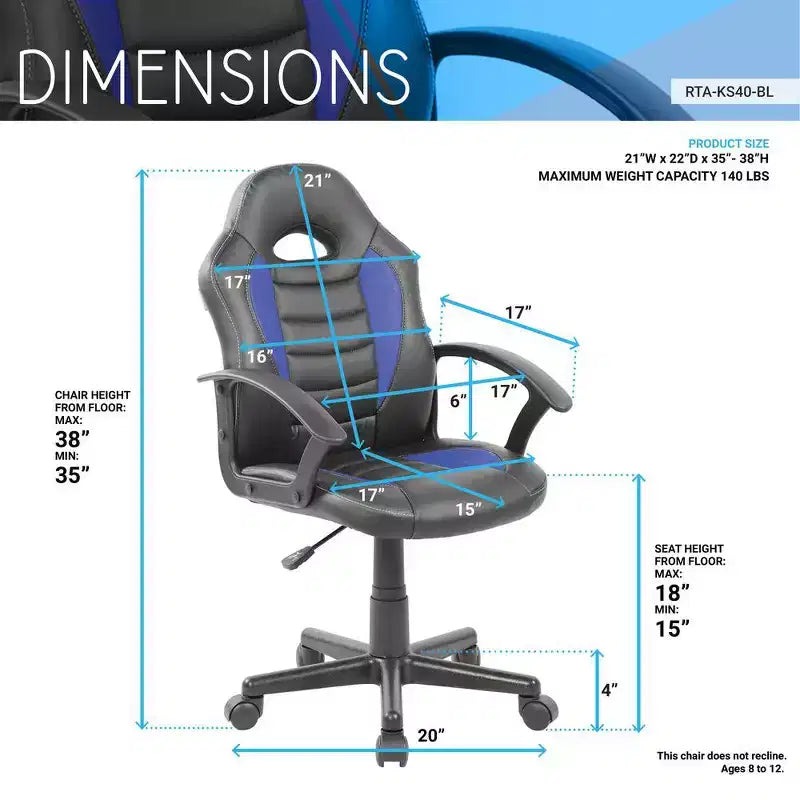 Techni Mobili Kid's Gaming and Student Racer Chair w/ Wheels