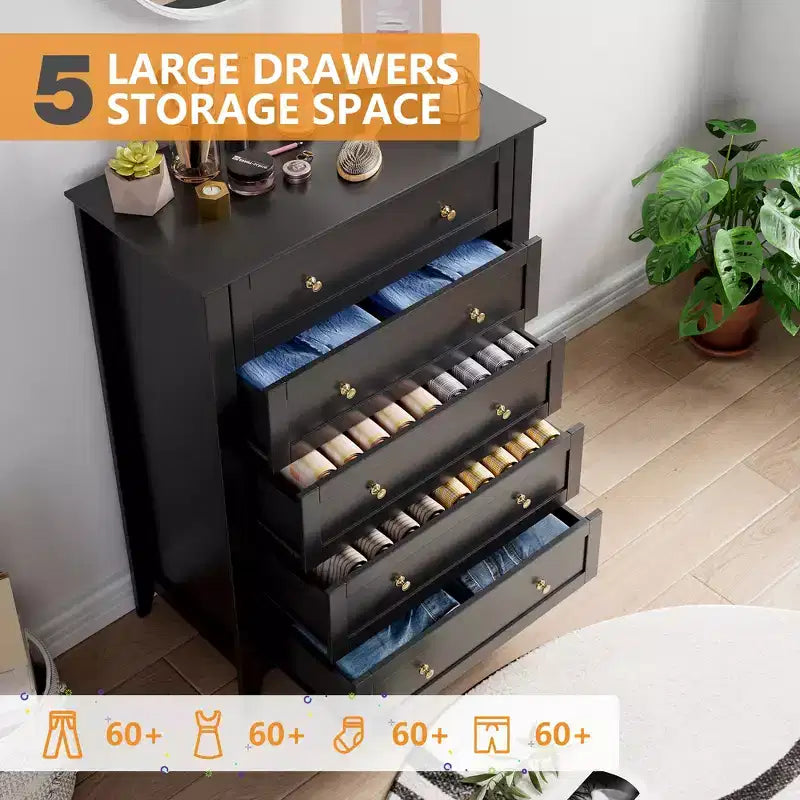Comodino alto con cassetti, Mobile contenitore in legno stile rustico con cassetti profondi e maniglie in metallo, per camera da letto, soggiorno e ingressoNERO