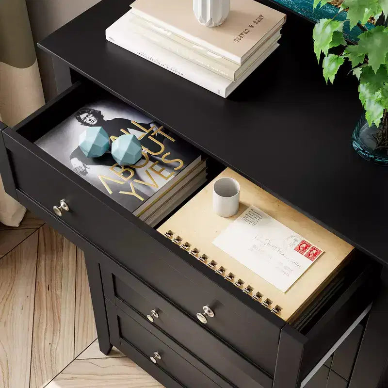 Comodino alto con cassetti, Mobile contenitore in legno stile rustico con cassetti profondi e maniglie in metallo, per camera da letto, soggiorno e ingressoNERO