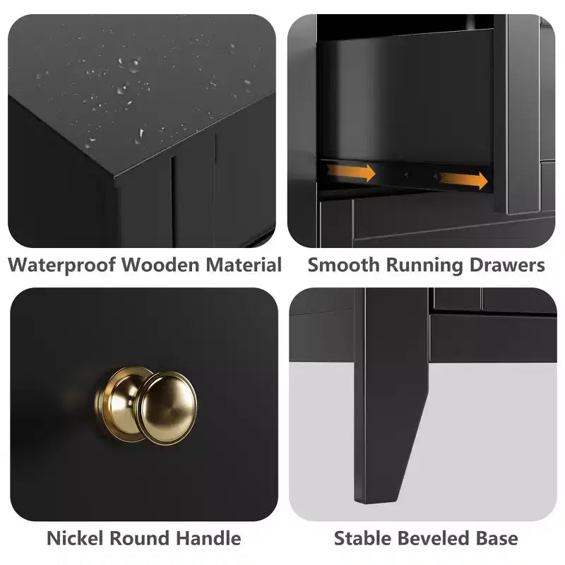 Comodino alto con cassetti, Mobile contenitore in legno stile rustico con cassetti profondi e maniglie in metallo, per camera da letto, soggiorno e ingressoNERO