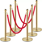 VEVOR Velvet Ropes and Posts, 5 ft/1.5 m Red Rope, Stainless Steel Gold Stanchion with Ball Top, Red Crowd Control Barrier Used for Theaters, Gold