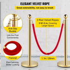 VEVOR Corde e Paletti in Velluto, Corda Rossa da 1,5 m, Paletto in Acciaio Inox Dorato con Parte Superiore a Sfera, Barriera di Controllo Folla Rossa Utilizzata per Teatri, Oro