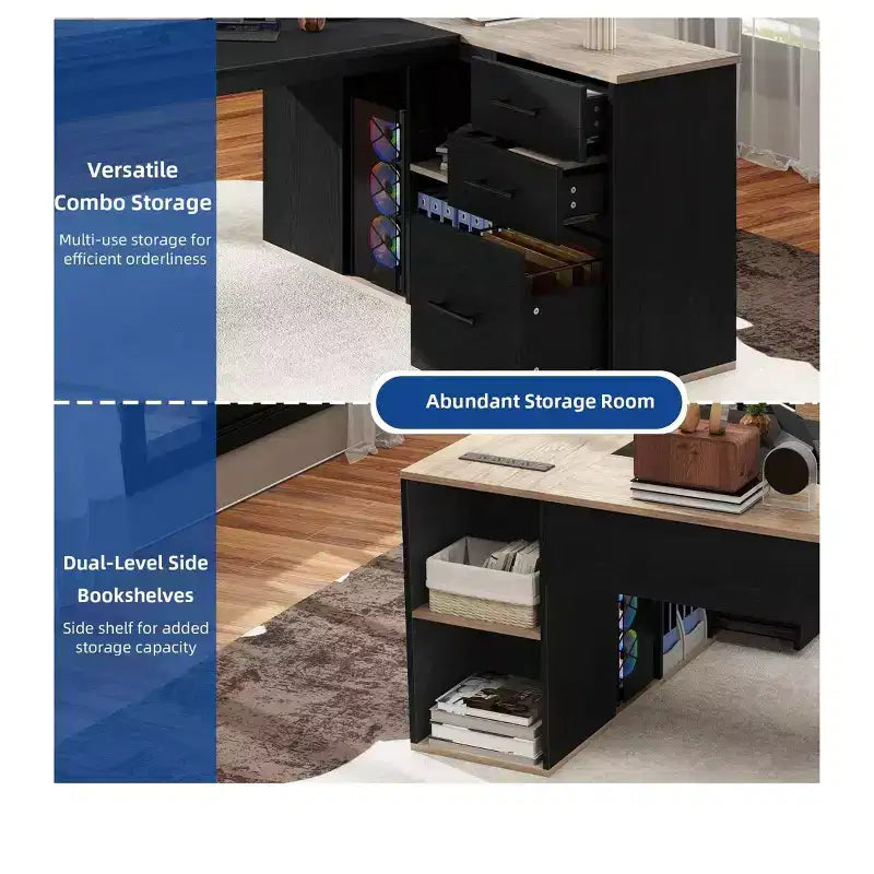 71in Black L Shaped Desk Executive Desk With Power Outlets With File Cabinet For Home