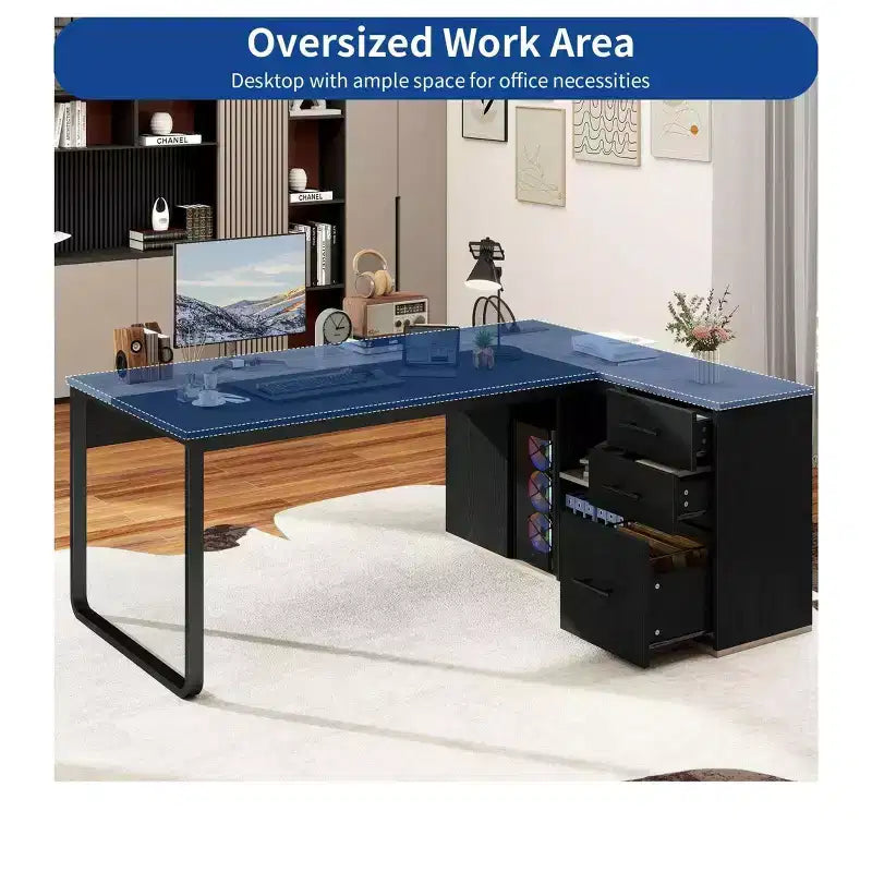 71in Black L Shaped Desk Executive Desk With Power Outlets With File Cabinet For Home