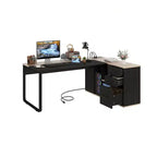 71in Black L Shaped Desk Executive Desk With Power Outlets With File Cabinet For Home
