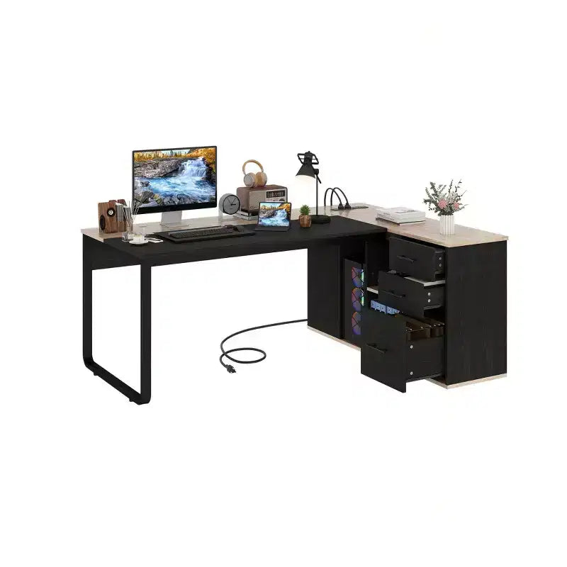 71in Black L Shaped Desk Executive Desk With Power Outlets With File Cabinet For Home