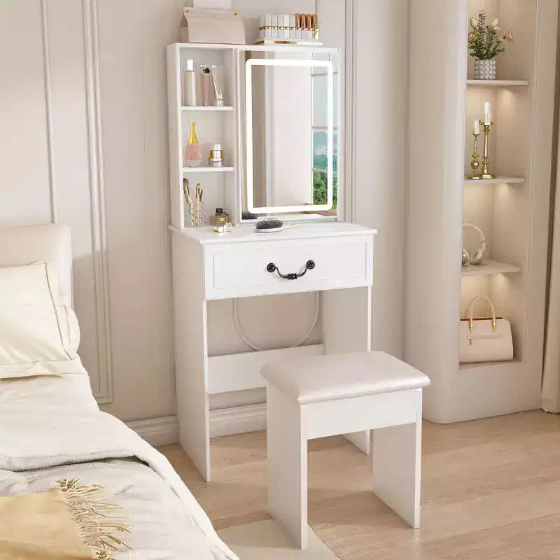 Toeletta Moderna Compatta Okak con Sgabello Imbottito, Scrivania Trucco a Più Livelli con Vano Nascosto Antipolvere, Toeletta con Specchio, Bianca