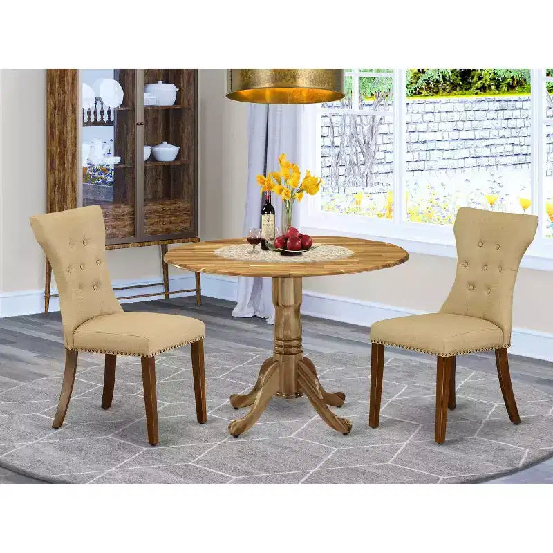 Set da pranzo rotondo a 3 pezzi con piano in legno massello con finitura a olio naturale - 4 posti a sedere