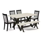 HomeStock 6-Piece Rectangle Natural Oak Finish Solid Wood Top Dining Table with 1-Bench, 4 Upholstered-Chairs