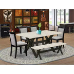 HomeStock Tavolo da Pranzo Rettangolare da 6 Pezzi in Legno Massello Finitura Rovere Naturale con 1 Panca e 4 Sedie Imbottite