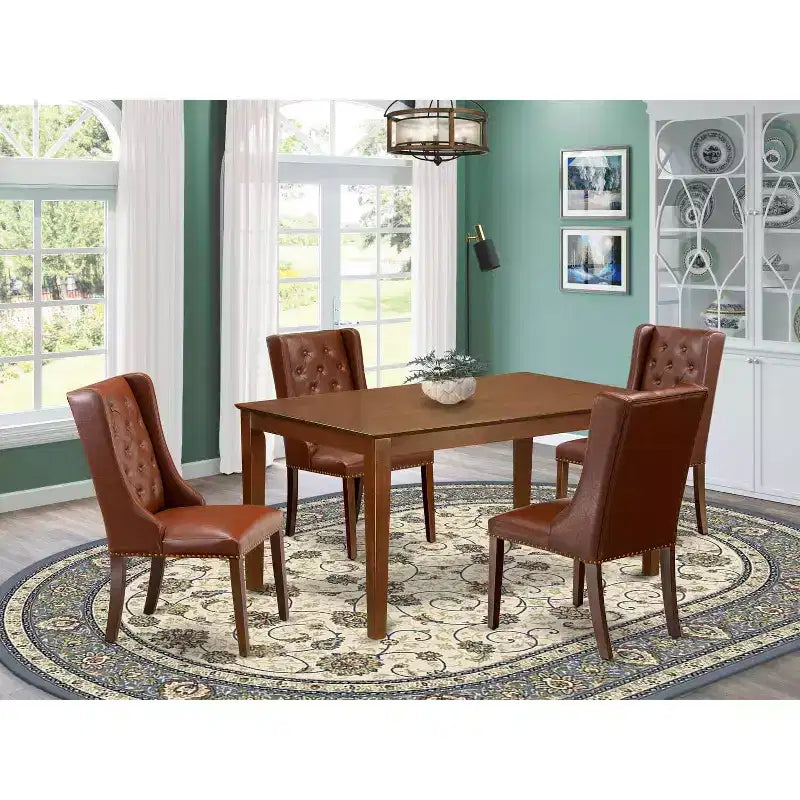 Set da pranzo rettangolare a 5 pezzi in legno massello con finitura mogano e bottoni capitonné (4 posti)