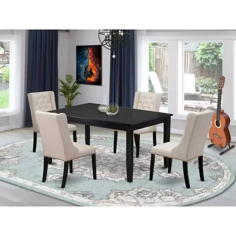 Set da pranzo da 5 pezzi in legno massello con finitura nera e piano rettangolare con bottoni capitonné - Posti a sedere per 4 persone