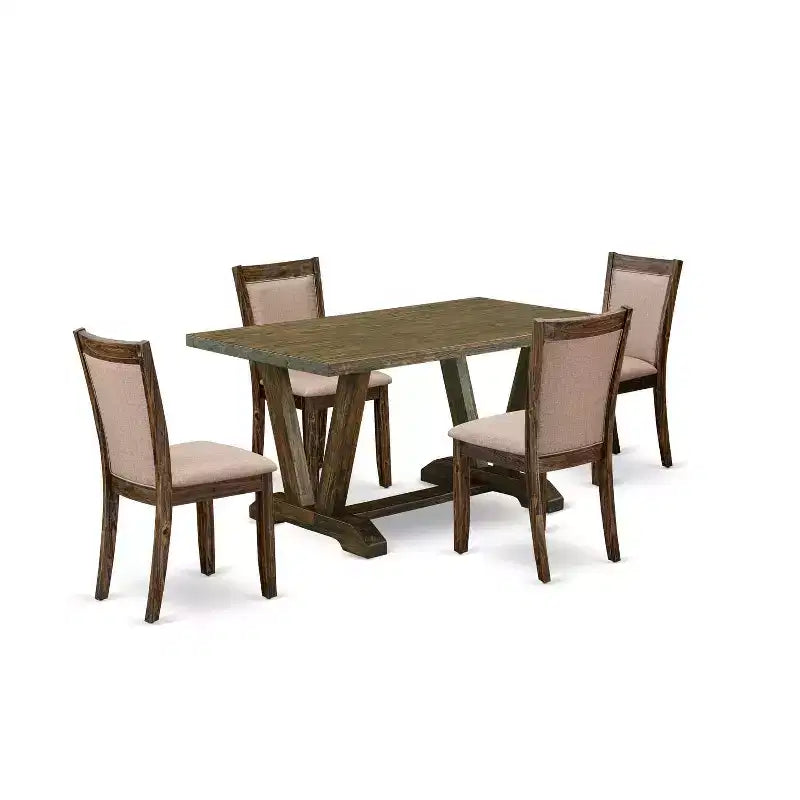 HomeStock 5-Piece Distressed Jacobean Finish Solid Wood Top Dining Table with 4-Parson Chair