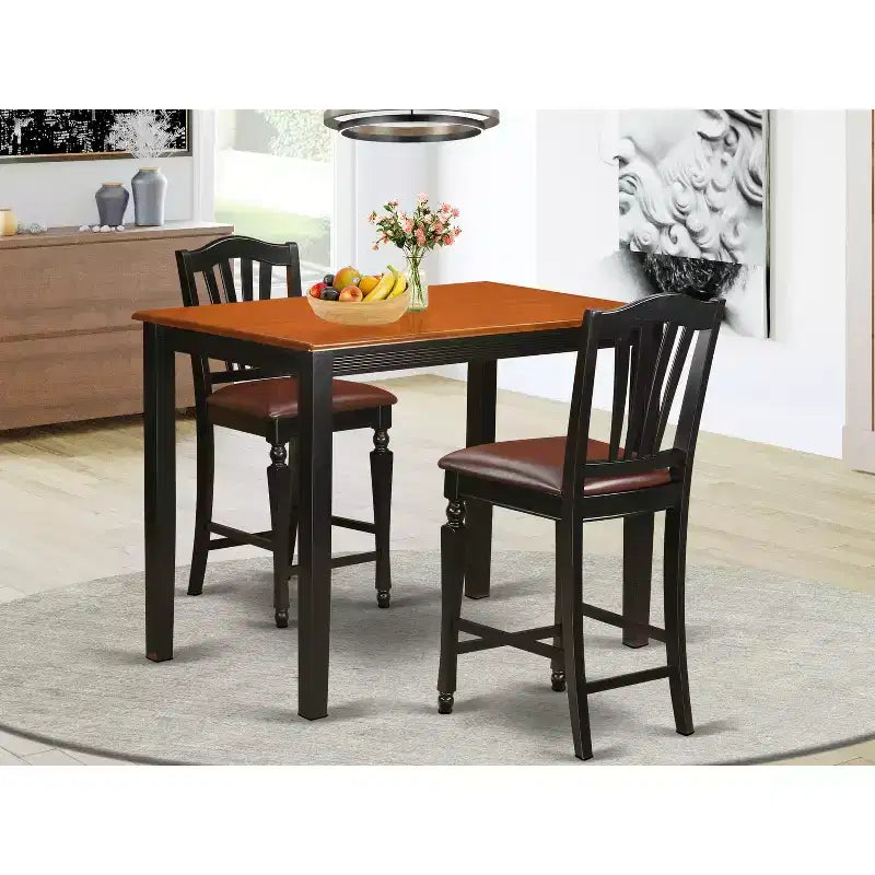 Set da Pranzo HomeStock 3 Pezzi in Legno Massello Finitura Nera con Tavolo ad Altezza Bancone