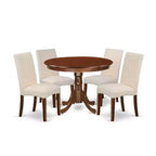 Round Dinette Set 5Pc - 42 Inch Table & 4 Parsons Chairs - Cream Linen Fabric - Mahogany Legs - Home Dining Room