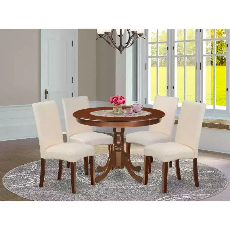 Set da pranzo rotondo 5 pezzi - Tavolo da 42 pollici e 4 sedie Parsons - Tessuto in lino color crema - Gambe in mogano - Sala da pranzo per la casa
