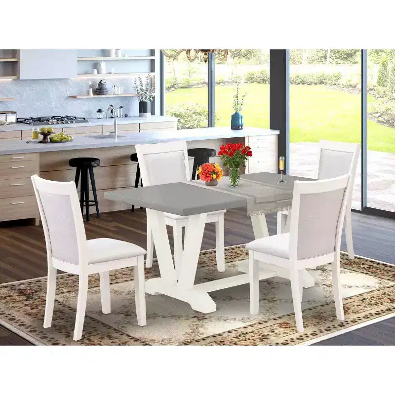 HomeStock Tavolo da pranzo a 5 pezzi con piano in legno massello e finitura bianca laccata spazzolata e 4 sedie imbottite