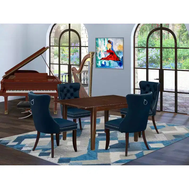 Set da pranzo rettangolare a 5 pezzi in legno massello con finitura mogano (4 posti)