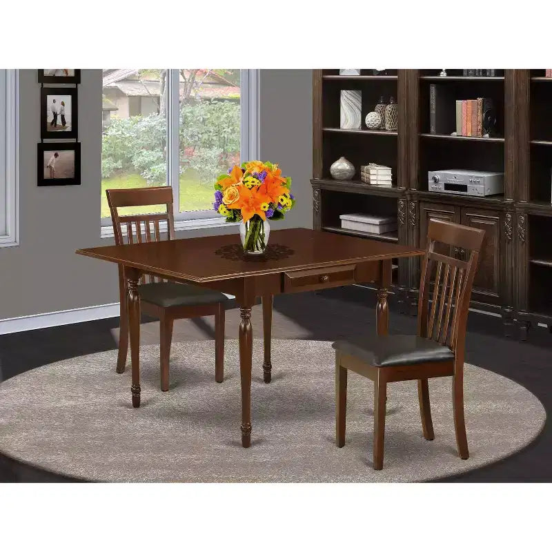 Set da pranzo HomeStock 3 pezzi con piano in legno massello finitura mogano e tavolo con ribalte laterali