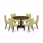 HomeStock 7-Piece Round Distressed Jacobean Finish Solid Wood Top Dining Table with 6 Parson Chairs