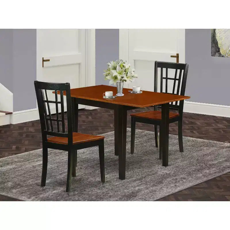 Set da pranzo con tavolo 3 pezzi in legno massello finitura nera e ciliegio