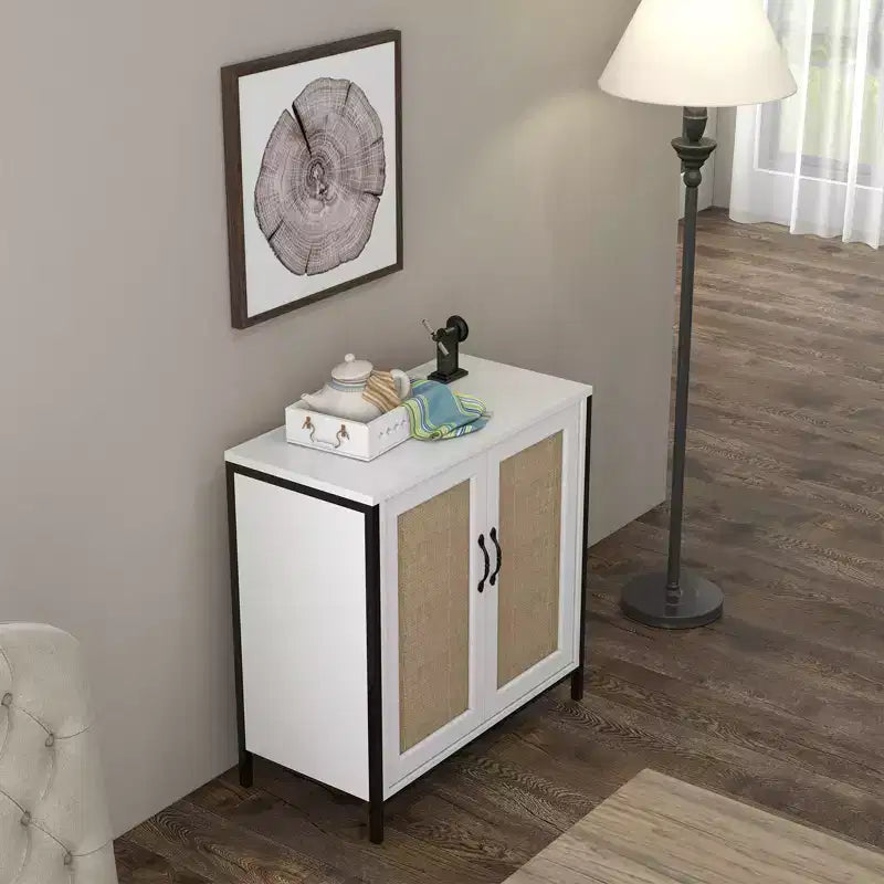 Rattan Storage Cabinet, White Sideboard Buffet with Storage Spacious with 2 Rattan Decorated Doors, Storage Cabinet for Dining Room, Living Room