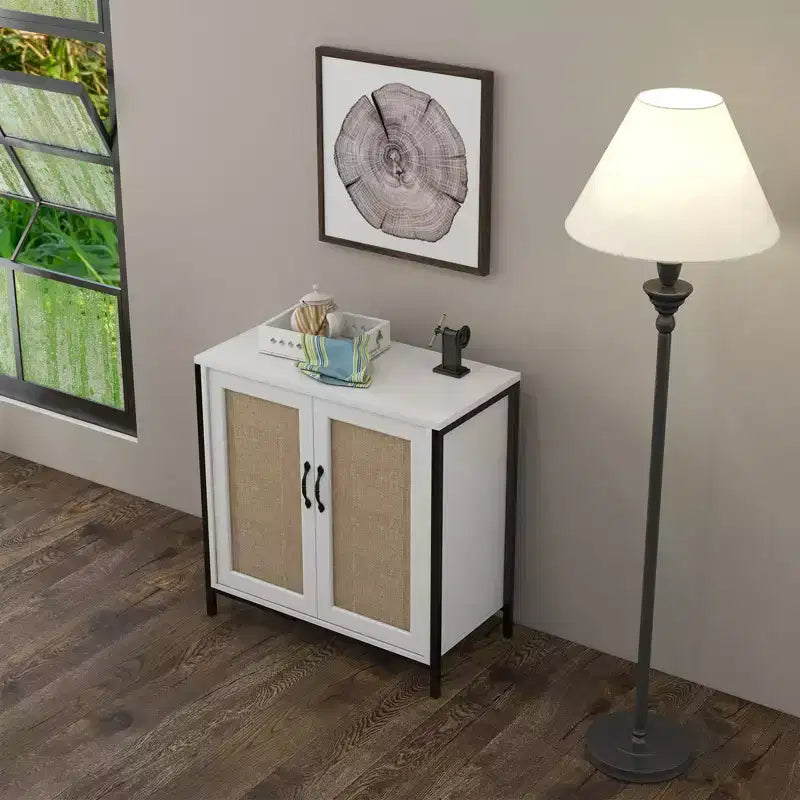Rattan Storage Cabinet, White Sideboard Buffet with Storage Spacious with 2 Rattan Decorated Doors, Storage Cabinet for Dining Room, Living Room