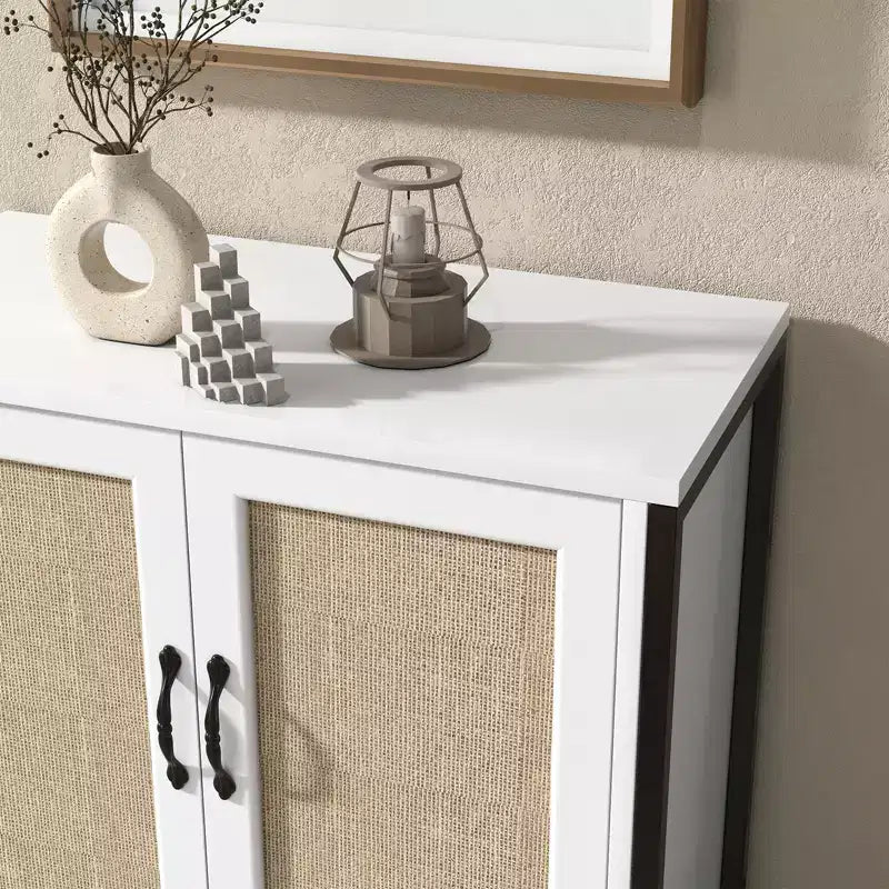Rattan Storage Cabinet, White Sideboard Buffet with Storage Spacious with 2 Rattan Decorated Doors, Storage Cabinet for Dining Room, Living Room
