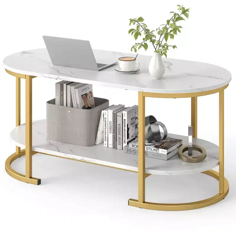 Costway Oval Coffee Table with Metal Support Legs for Apartment Office Reception White