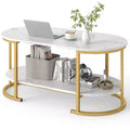 Costway Oval Coffee Table with Metal Support Legs for Apartment Office Reception White