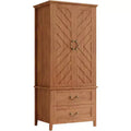 V Shape Armoire Wardrobe Closet with 2 Doors & Drawers, 71.06 Wooden Tall Bedroom Armoire Closet Cabinet with Hanging Rod, Freestanding Cabinet