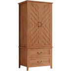 V Shape Armoire Wardrobe Closet with 2 Doors & Drawers, 71.06 Wooden Tall Bedroom Armoire Closet Cabinet with Hanging Rod, Freestanding Cabinet