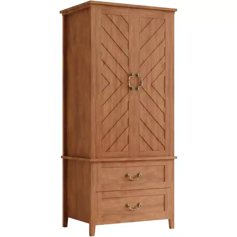 V Shape Armoire Wardrobe Closet with 2 Doors & Drawers, 71.06 Wooden Tall Bedroom Armoire Closet Cabinet with Hanging Rod, Freestanding Cabinet