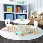 JVNOXK Children's Desk and Chair Set (includes 2 chairs), 3-Piece Rabbit-Themed Toddler Desk and Chair Set, Solid Wood Legs (White)