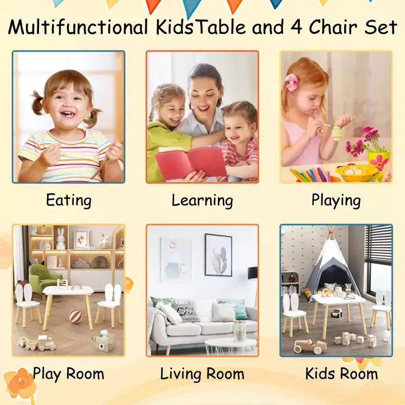 JVNOXK Children's Desk and Chair Set (includes 2 chairs), 3-Piece Rabbit-Themed Toddler Desk and Chair Set, Solid Wood Legs (White)