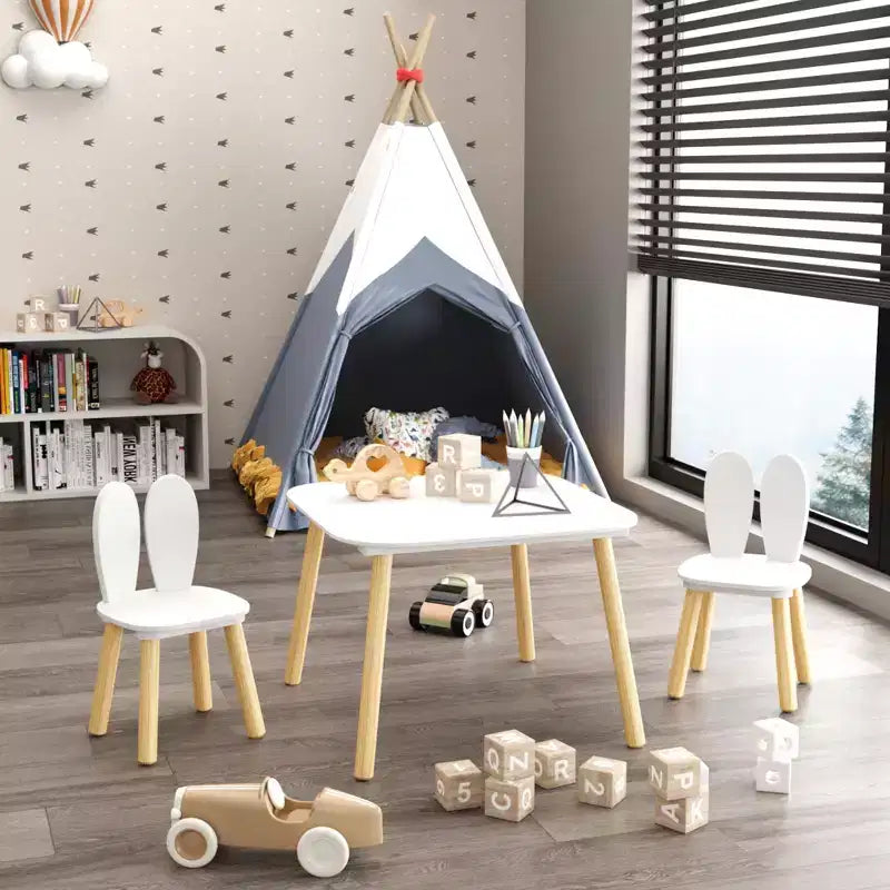JVNOXK Children's Desk and Chair Set (includes 2 chairs), 3-Piece Rabbit-Themed Toddler Desk and Chair Set, Solid Wood Legs (White)