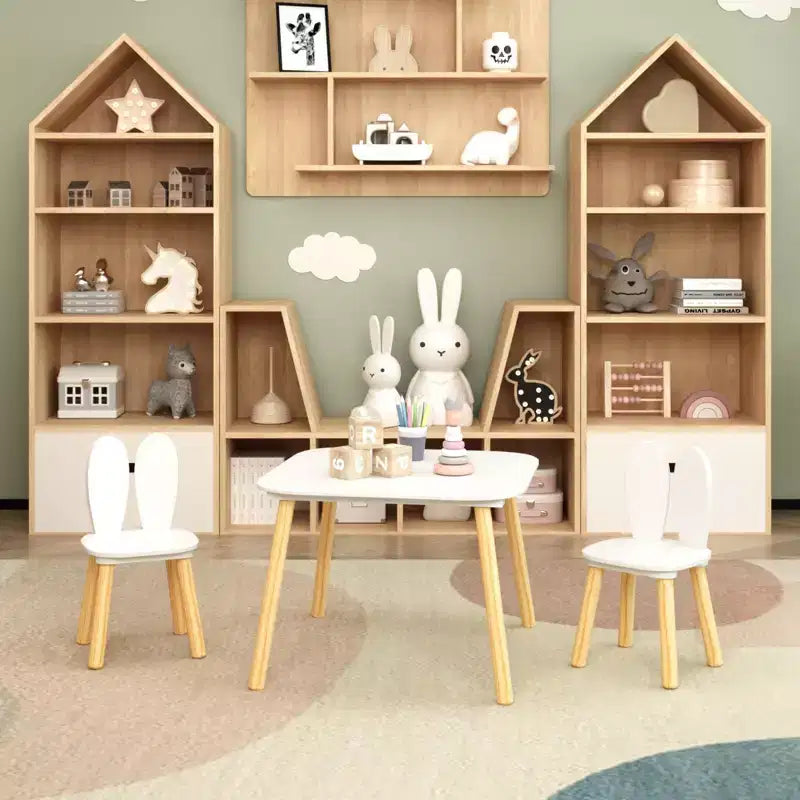 JVNOXK Children's Desk and Chair Set (includes 2 chairs), 3-Piece Rabbit-Themed Toddler Desk and Chair Set, Solid Wood Legs (White)