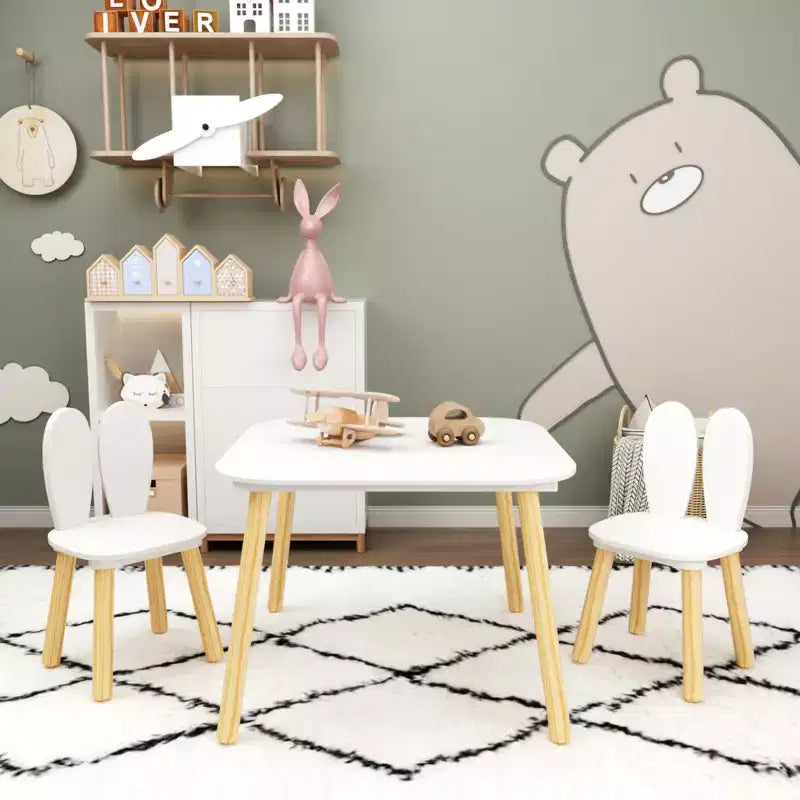JVNOXK Children's Desk and Chair Set (includes 2 chairs), 3-Piece Rabbit-Themed Toddler Desk and Chair Set, Solid Wood Legs (White)