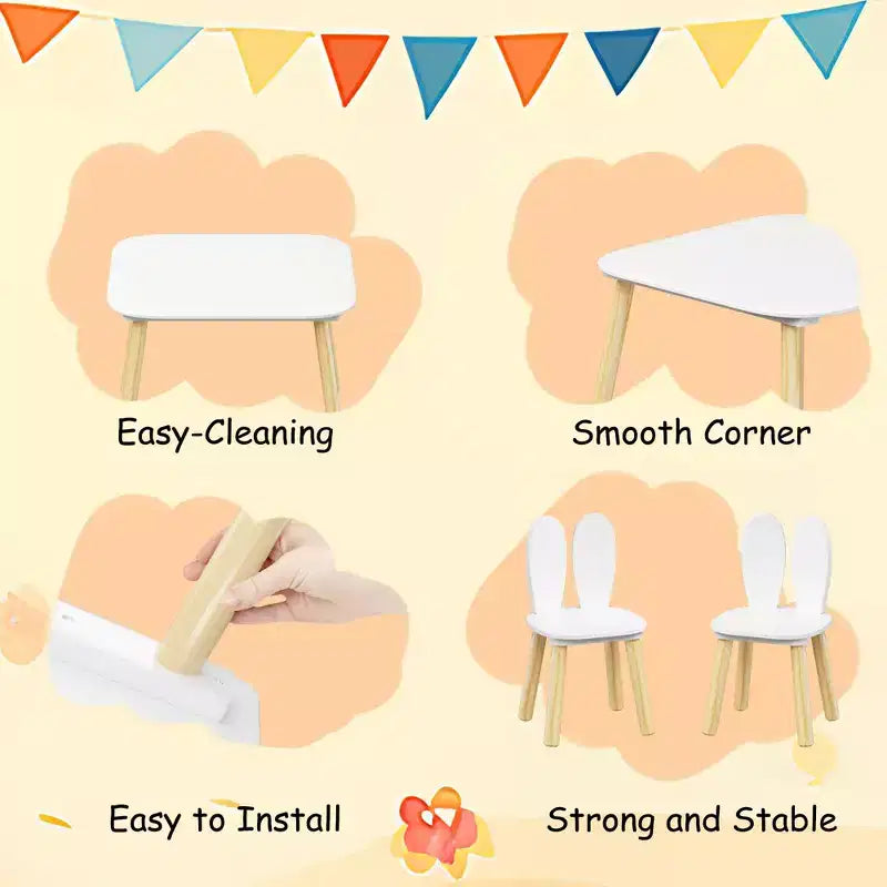 JVNOXK Children's Desk and Chair Set (includes 2 chairs), 3-Piece Rabbit-Themed Toddler Desk and Chair Set, Solid Wood Legs (White)